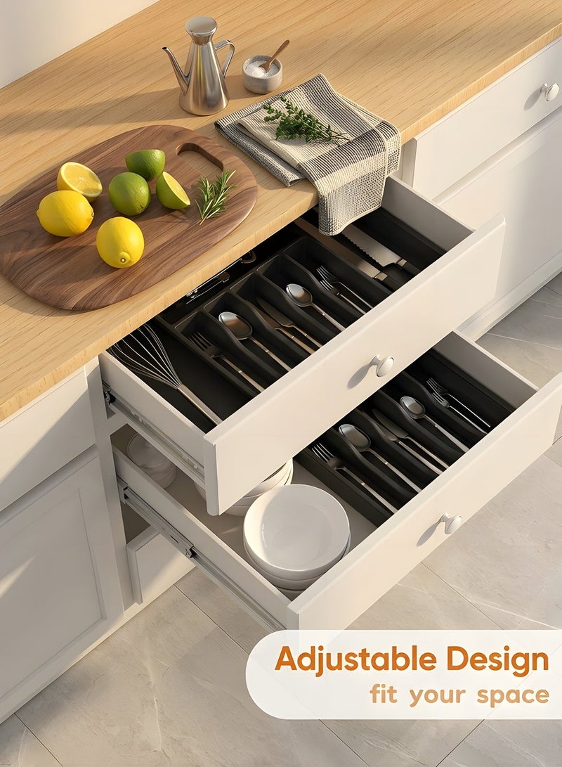 بيوينتي منظم درج الأدوات الفضية، منظم أدوات قابل للتوسيع، منظم مطبخ قابل للتعديل ذو سعة كبيرة وصينية تخزين أدوات المائدة للملاعق والشوك والسكاكين (أسود). - Image 5