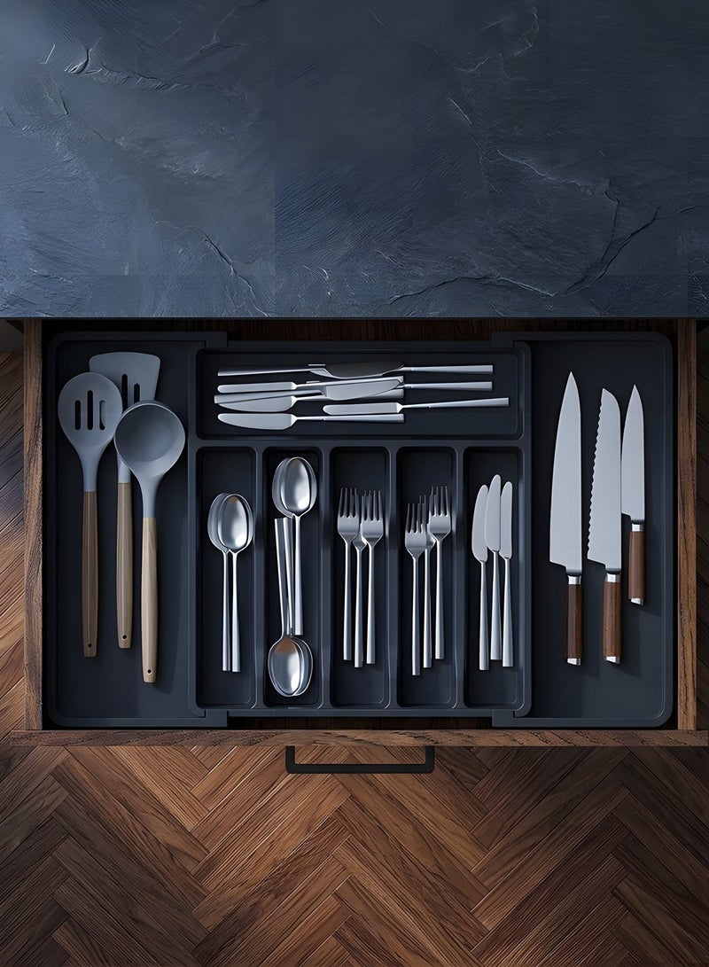 بيوينتي منظم درج الأدوات الفضية، منظم أدوات قابل للتوسيع، منظم مطبخ قابل للتعديل ذو سعة كبيرة وصينية تخزين أدوات المائدة للملاعق والشوك والسكاكين (أسود). - Image 2