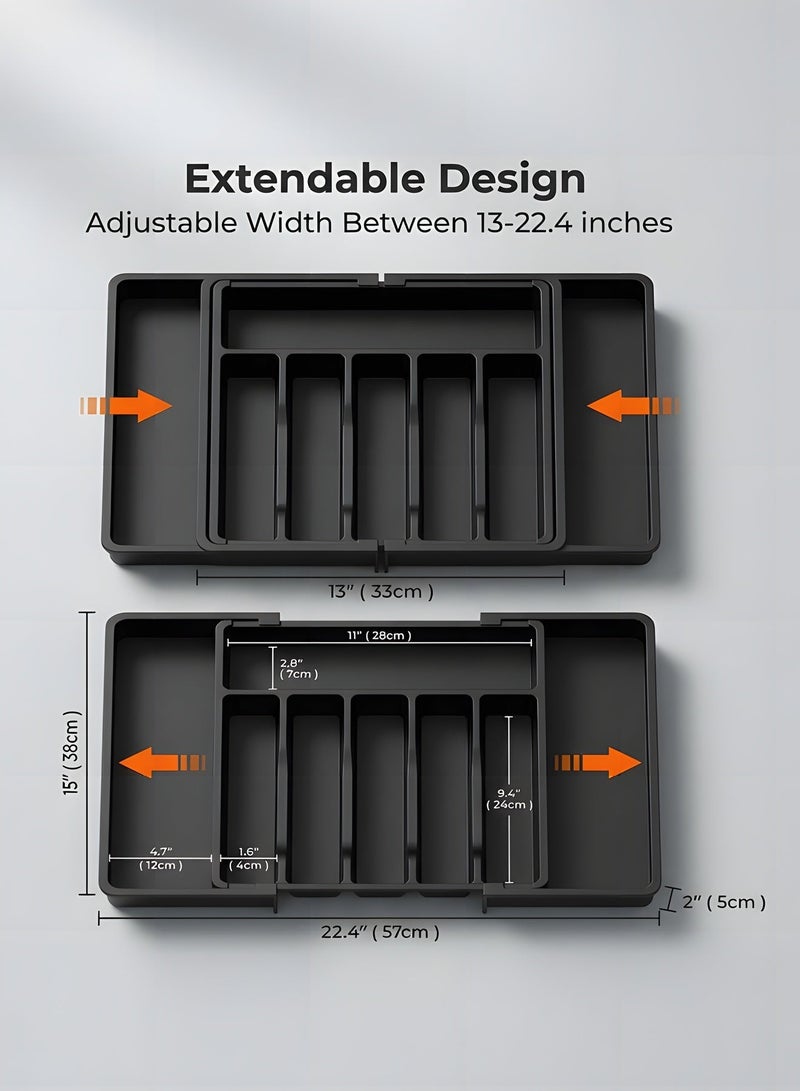بيوينتي منظم درج الأدوات الفضية، منظم أدوات قابل للتوسيع، منظم مطبخ قابل للتعديل ذو سعة كبيرة وصينية تخزين أدوات المائدة للملاعق والشوك والسكاكين (أسود). - Image 3