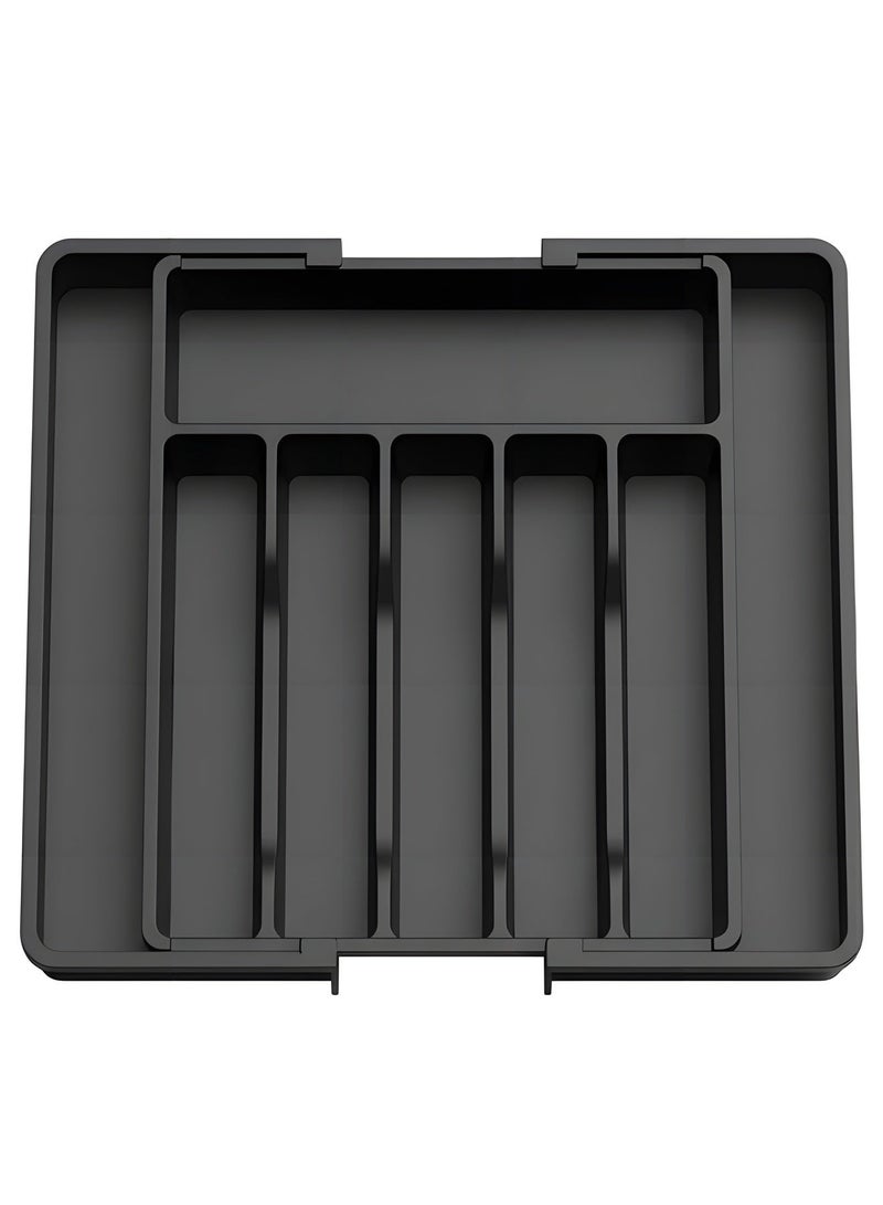 بيوينتي منظم درج الأدوات الفضية، منظم أدوات قابل للتوسيع، منظم مطبخ قابل للتعديل ذو سعة كبيرة وصينية تخزين أدوات المائدة للملاعق والشوك والسكاكين (أسود). - Image 1