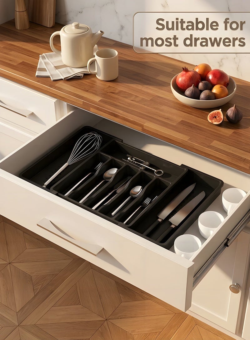 بيوينتي منظم درج الأدوات الفضية، منظم أدوات قابل للتوسيع، منظم مطبخ قابل للتعديل ذو سعة كبيرة وصينية تخزين أدوات المائدة للملاعق والشوك والسكاكين (أسود). - Image 4