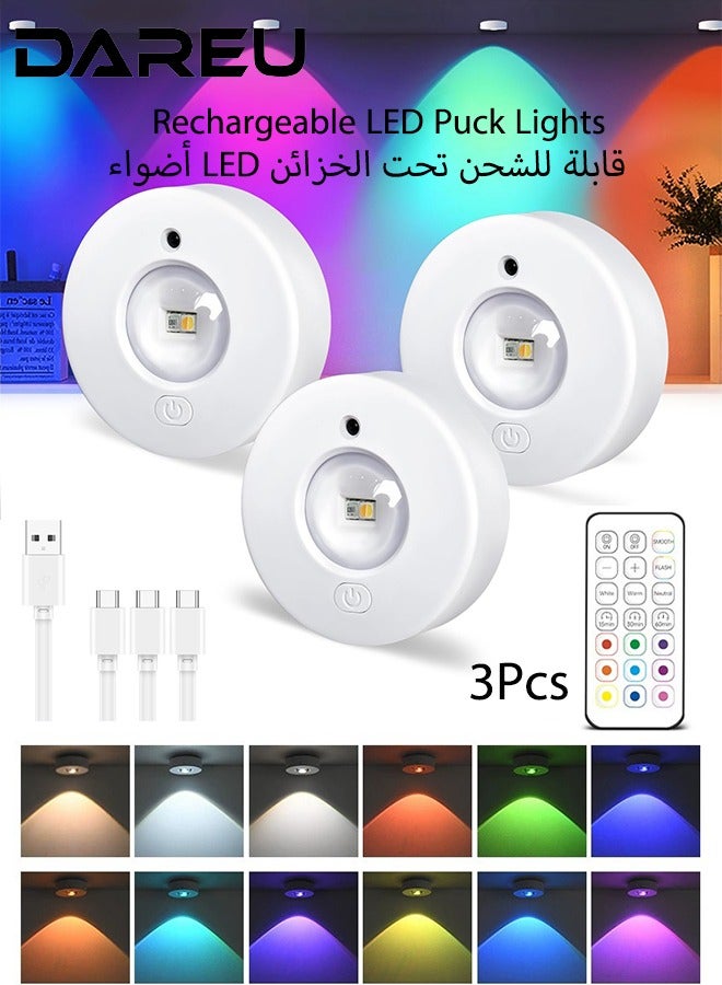 DAREU Rechargeable Under Cabinet LED Puck Lights, Wireless RGB Color Changing, Dimmable with Remote, Magnetic Battery Operated Push Lights for Kitchen, Shelves, Cupboards, and Display Areas (3 Pack) - Image 1