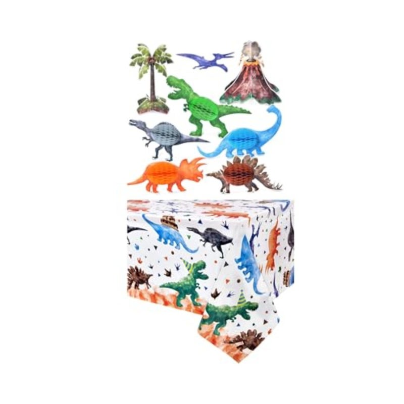 8 PCS Dinosaur Party Honeycomb Centerpieces + Dinosaur Tablecloth - Image 1