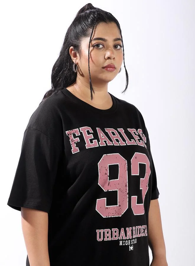 هاي ستار تيشيرت نسائي أسود قطن 1% مطبوع مقاس كبير أوفر سايز