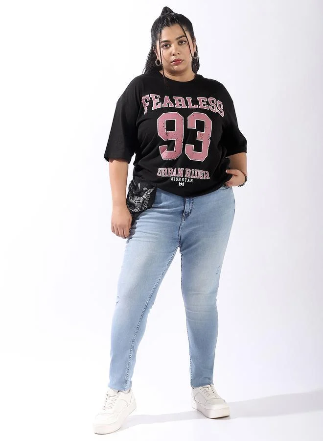 HIGH STAR Women'S Black 100% Cotton Printed Plus Size Oversized T-Shirt