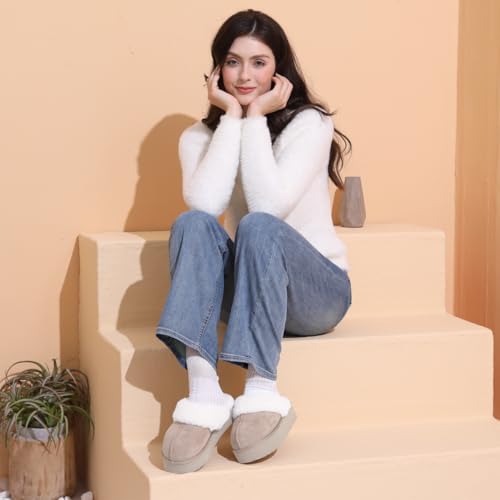 OOW Fuzzy Platform Slippers for Women Cozy Womens Platform Slippers Winter House Slippers for Women Indoor and Outdoor Apricot - Image 3