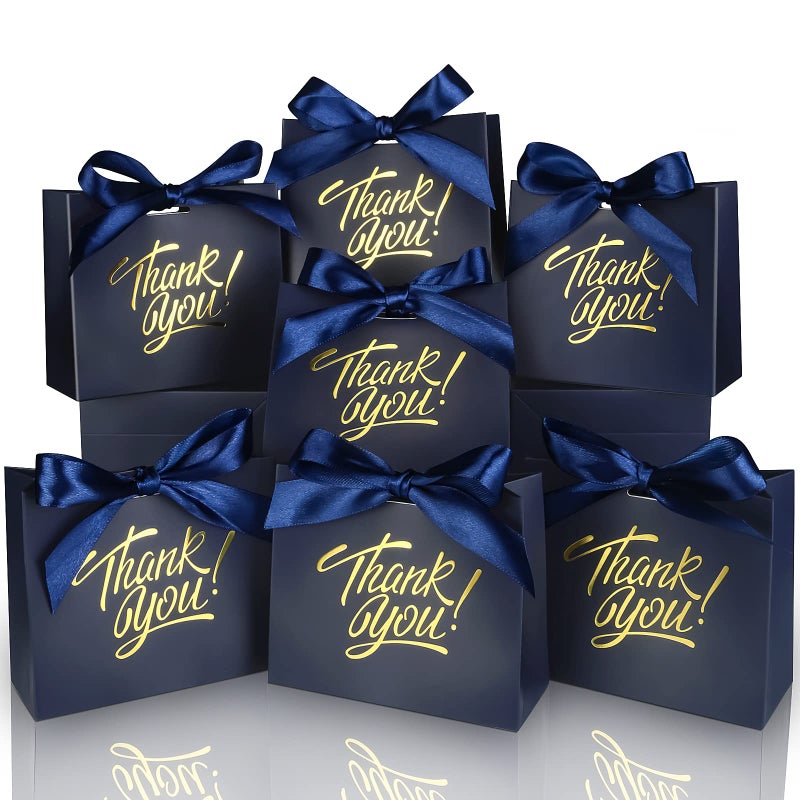 DOYIDE 100 Pack Small Thank You Gift Bags, 4.5x1.8x3.9in Party Favor Bags Boxes with Bow Ribbon, Small Paper Gift Bags with Gold Foil Printed, Mini Candy Treat Bags for Birthday Wedding Party Holiday - Image 1