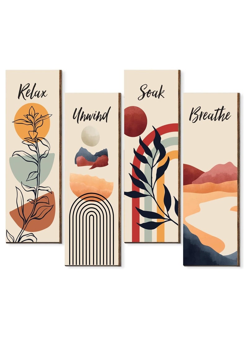 SRLIWHITE 4-Piece Boho Bathroom Wall Art Set – Relax, Soak, Unwind, Breathe Wooden Plaques for Rustic Spa and Home Decor (Style 1) - Image 1