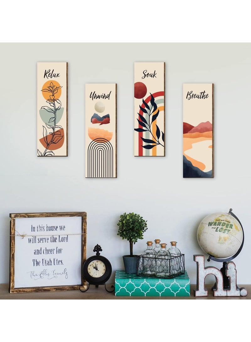 SRLIWHITE 4-Piece Boho Bathroom Wall Art Set – Relax, Soak, Unwind, Breathe Wooden Plaques for Rustic Spa and Home Decor (Style 1) - Image 3