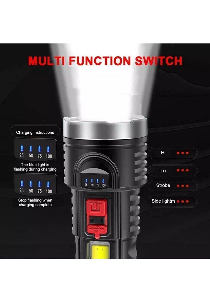 Super Bright Flashlight 4-Modes COB Torch USB Rechargeable Flashlight Spotlight