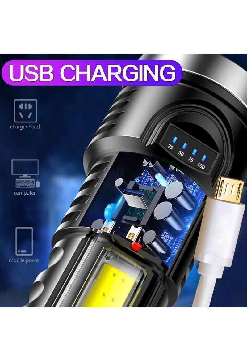 Super Bright Flashlight 4-Modes COB Torch USB Rechargeable Flashlight Spotlight