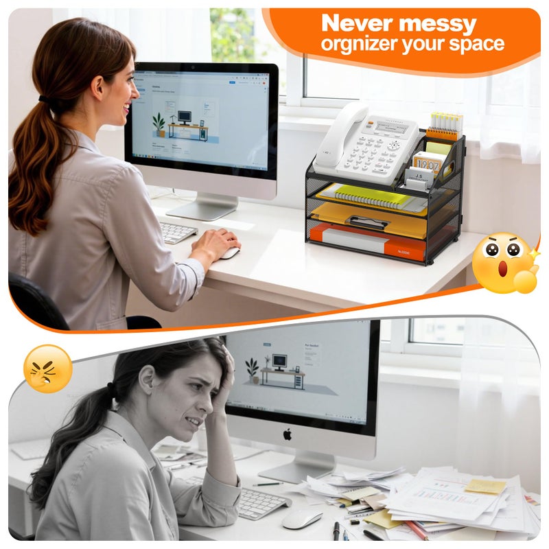 DocNest 4 Tier Metal Mesh Letter Tray - Space Saving Desk File Organizer with Handle, Pen Holder & Folder Holder - Desktop Document Sorter for Office, Home, School, Classroom - Black - Image 3