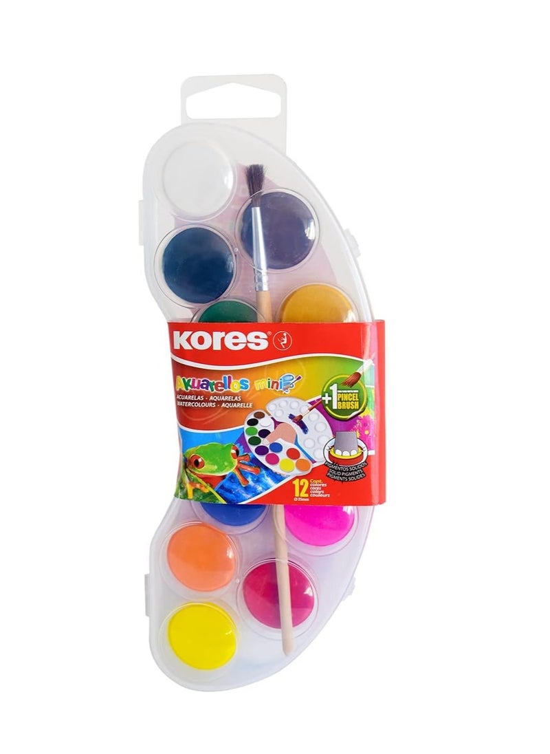 Kores Akuarellos "Mini" with 12 colours Contains 1 free brush Ideal for school and leisure time Practical lid with mixing areas to mix individual colours MK30101  - Image 1