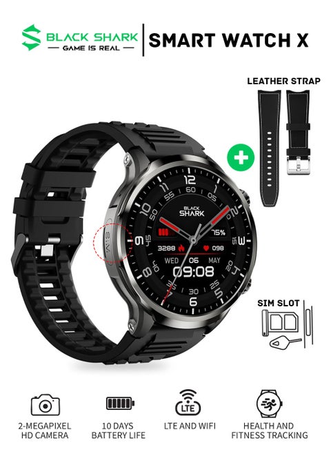 Watch X BS-W2403 Smartwatch 1.9 inch AMOLED Display,Game Notifications, 2-Megapixel Camera For Taking Pictures, 2 Available Strap & Videos, Leather and Silicon Strap, 3-Days Battery Life - Black