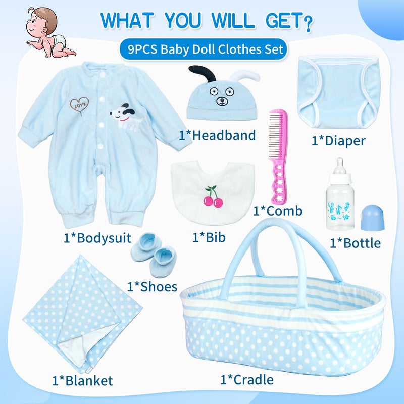 PEDOLLTREE Reborn Baby Dolls Clothes Boy Outfit Accessories Blue Puppy 9 Pcs Set for 17-20 Inch Reborn Doll Newborn Boy with Blue Dot Bassinet - Image 2