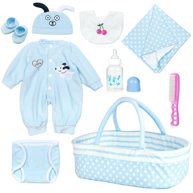 PEDOLLTREE Reborn Baby Dolls Clothes Boy Outfit Accessories Blue Puppy 9 Pcs Set for 17-20 Inch Reborn Doll Newborn Boy with Blue Dot Bassinet - Image 1