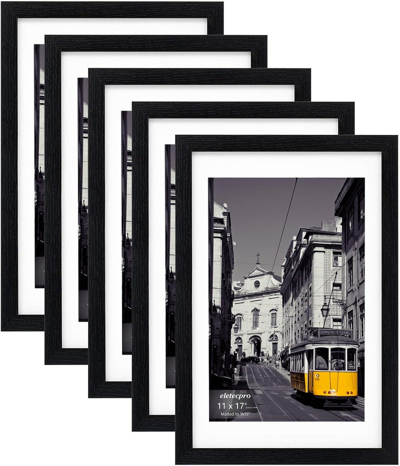 eletecpro 11x17 Picture Frames Set of 5 Gallery wall frame Display 9x15 Photo with Mat or 11x17 without Mat Picture Frame Collage Wall Decor for Wall Mounting Black