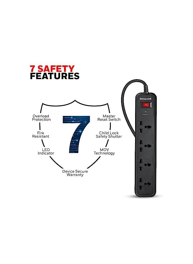Honeywell Surge Protector, 4 Universal Sockets, 2 Meter Cord, 15000Amp, Device Secure Warranty, Automatic Overload Protection, Spike Guard/Extension Board, Master Switch, 3Year Manufacturer Warranty