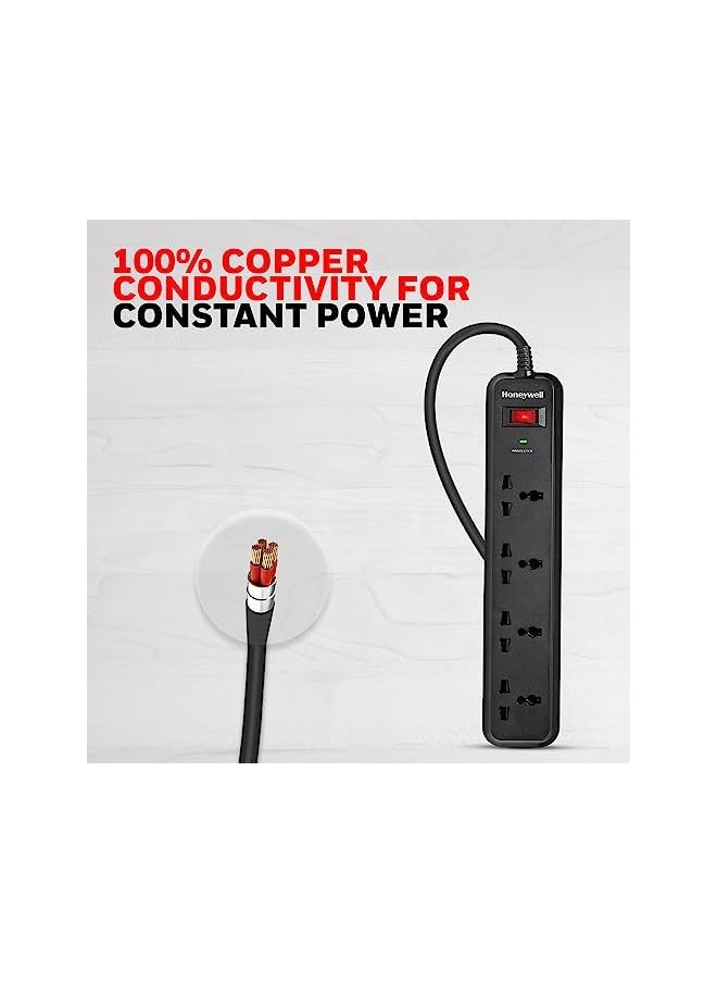 Honeywell Surge Protector, 4 Universal Sockets, 2 Meter Cord, 15000Amp, Device Secure Warranty, Automatic Overload Protection, Spike Guard/Extension Board, Master Switch, 3Year Manufacturer Warranty
