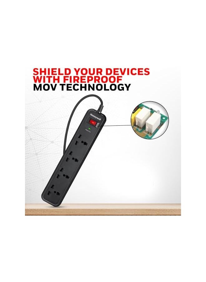 Honeywell Surge Protector, 4 Universal Sockets, 2 Meter Cord, 15000Amp, Device Secure Warranty, Automatic Overload Protection, Spike Guard/Extension Board, Master Switch, 3Year Manufacturer Warranty