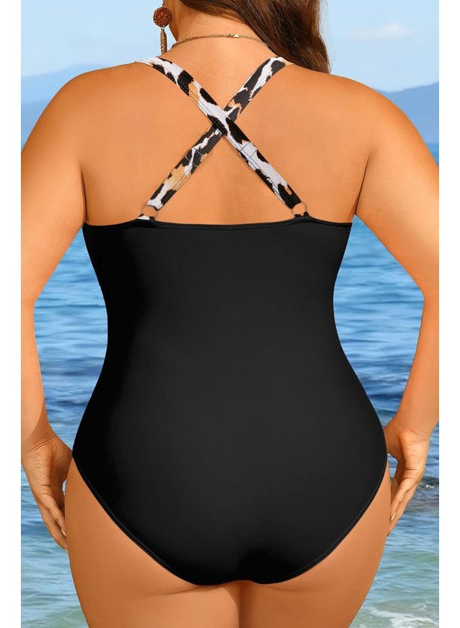 Yonique Women Plus Size One Piece Swimsuit Tummy Control Bathing Suits Lace up Plunge Swimwear, Leopard and Black, 18 Plus - Image 2