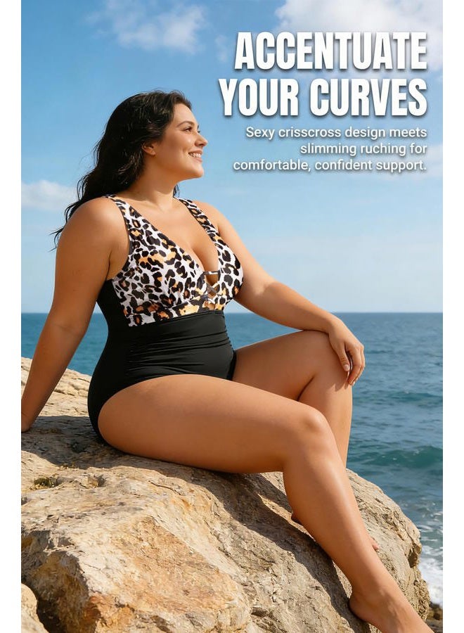 Yonique Women Plus Size One Piece Swimsuit Tummy Control Bathing Suits Lace up Plunge Swimwear, Leopard and Black, 18 Plus - Image 5