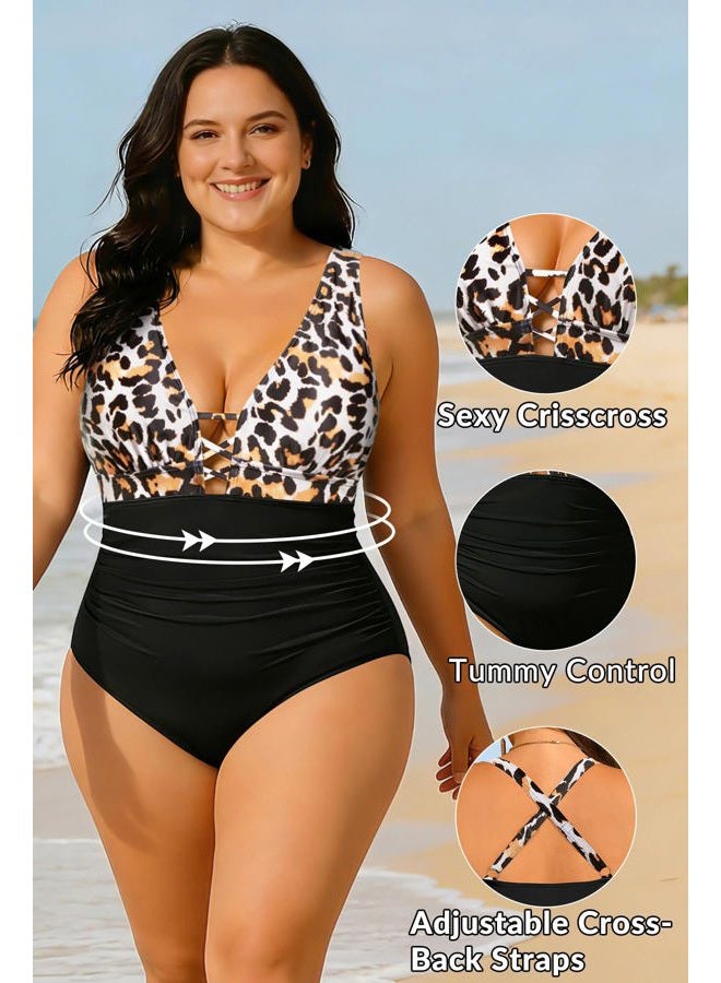 Yonique Women Plus Size One Piece Swimsuit Tummy Control Bathing Suits Lace up Plunge Swimwear, Leopard and Black, 18 Plus - Image 4