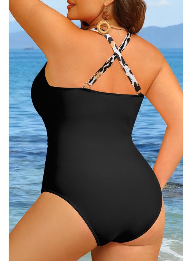 Yonique Women Plus Size One Piece Swimsuit Tummy Control Bathing Suits Lace up Plunge Swimwear, Leopard and Black, 18 Plus - Image 3
