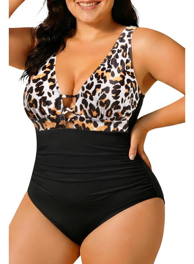 Yonique Women Plus Size One Piece Swimsuit Tummy Control Bathing Suits Lace up Plunge Swimwear, Leopard and Black, 18 Plus - Image 1
