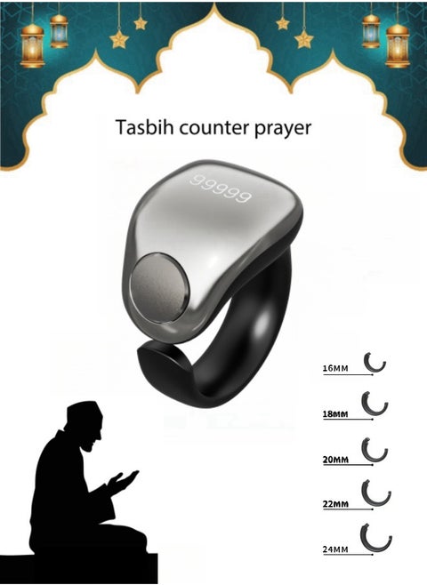 Tasbih Zikr Smart Ring, Adjustable Ring Finger Counter with 5 Sizes (16/18/20/22/24mm), APP Support Digital Counter Prayer Reminder Rings, Waterproof 4 Digit Finger Counter Zikr Ring for Muslims (Space Silver)