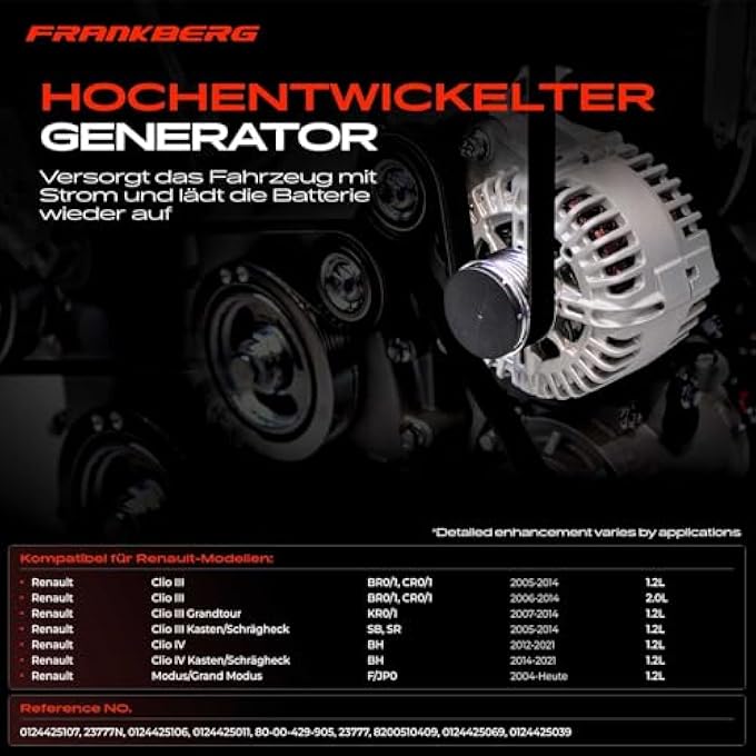 Frankberg Alternator Generator with Pulley Compatible with Clio III BR0/1 CR0/1 1.2L 2.0L 2005-2014 Clio III Box/Hatchback SB SR 1.2L 2005-2014 Replace# 0124425107 - Image 3