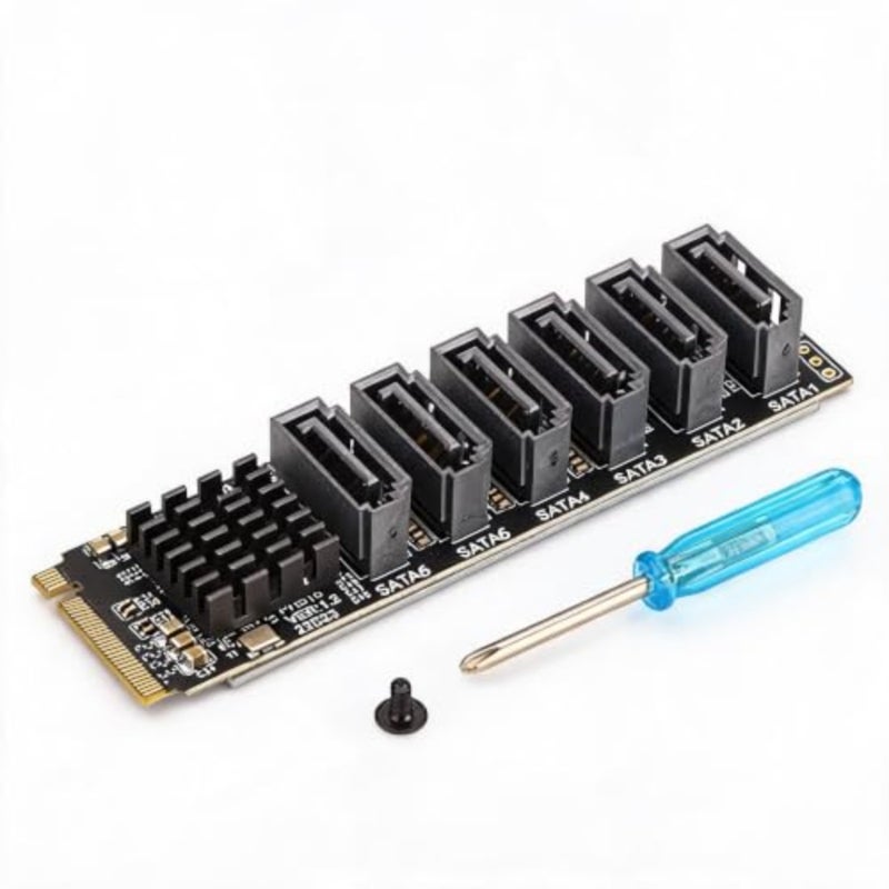 بطاقة توسيع M.2 إلى PCIe لشريحة ASM1166، وحدة تحكم SATA 3.0 ذات 6 منافذ، PCIe 3.0 x2 بسرعة 16 جيجابت في الثانية، 6 جيجابت في الثانية لكل منفذ، تدعم 6 أجهزة - Image 1