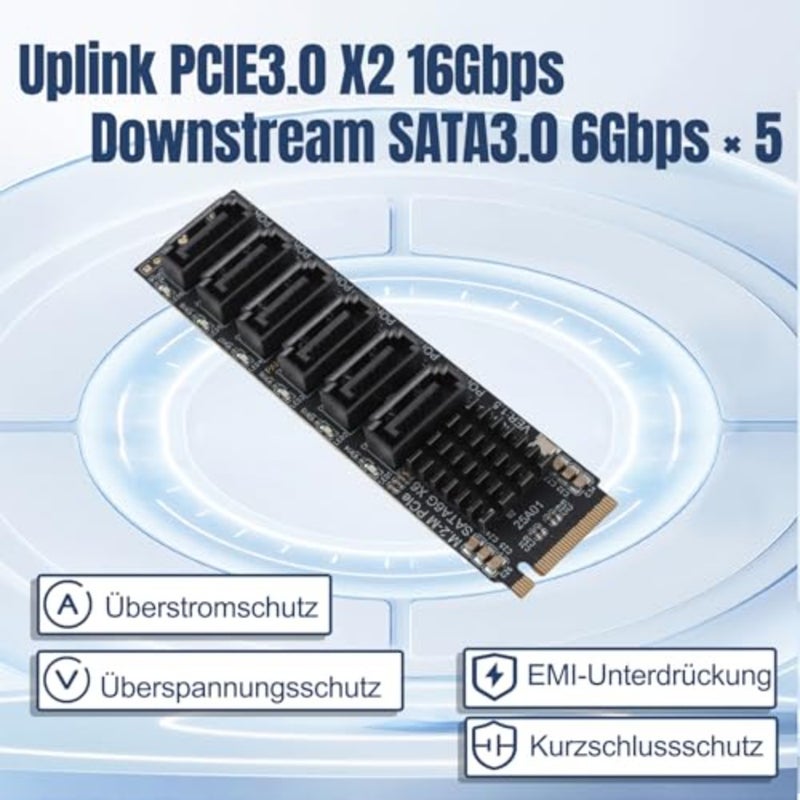 بطاقة توسيع M.2 إلى PCIe لشريحة ASM1166، وحدة تحكم SATA 3.0 ذات 6 منافذ، PCIe 3.0 x2 بسرعة 16 جيجابت في الثانية، 6 جيجابت في الثانية لكل منفذ، تدعم 6 أجهزة - Image 2