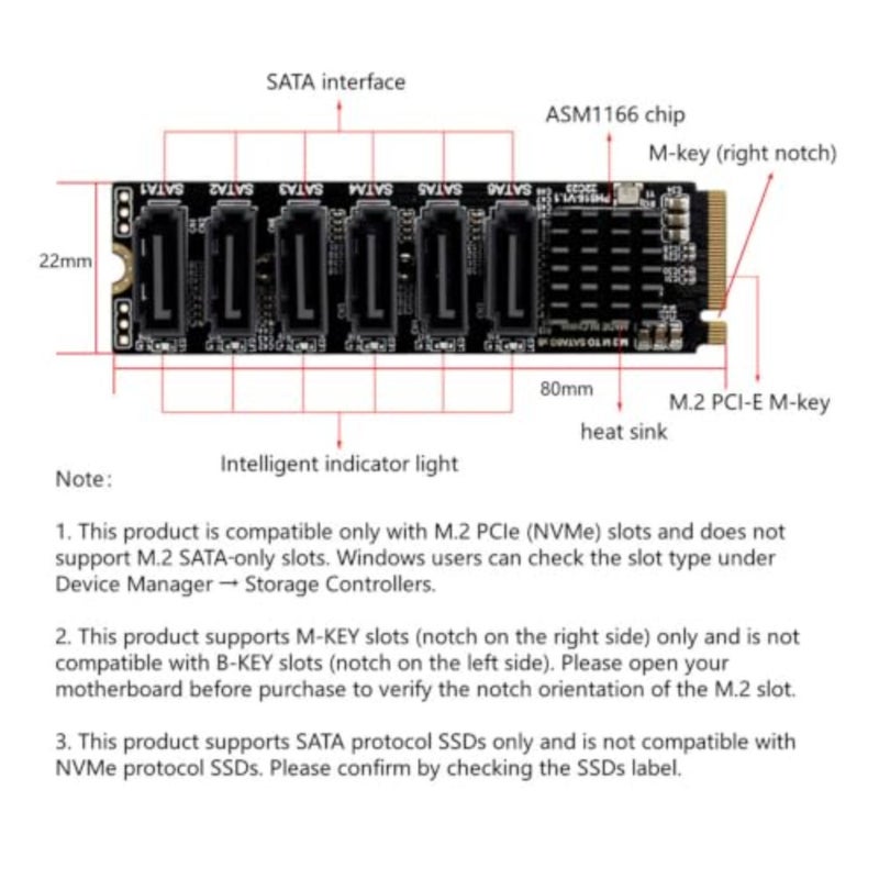 بطاقة توسيع M.2 إلى PCIe لشريحة ASM1166، وحدة تحكم SATA 3.0 ذات 6 منافذ، PCIe 3.0 x2 بسرعة 16 جيجابت في الثانية، 6 جيجابت في الثانية لكل منفذ، تدعم 6 أجهزة - Image 3