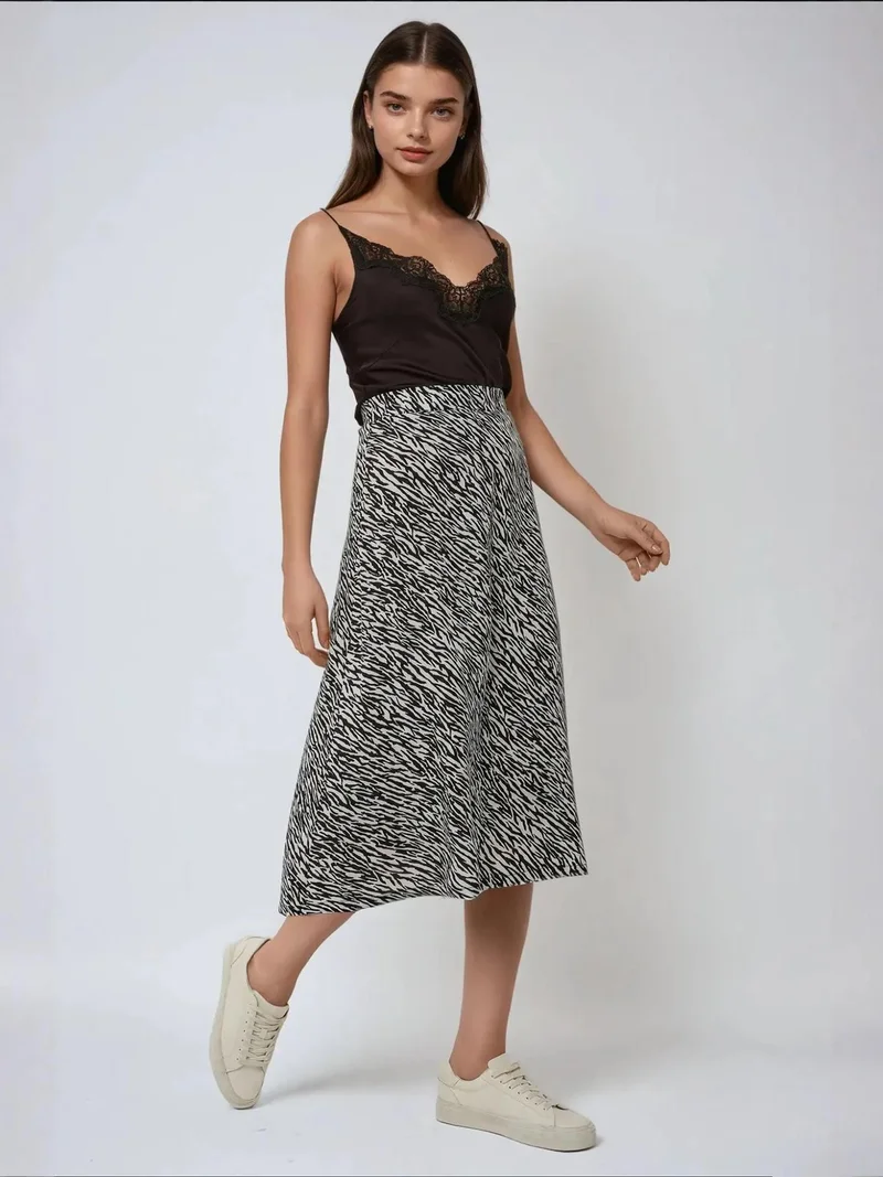 HICCUP High Waist Zebra Print Midi Skirt