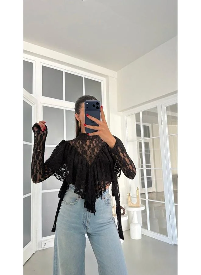 Black Long Sleeve Lace Blouse GAUS-01874.