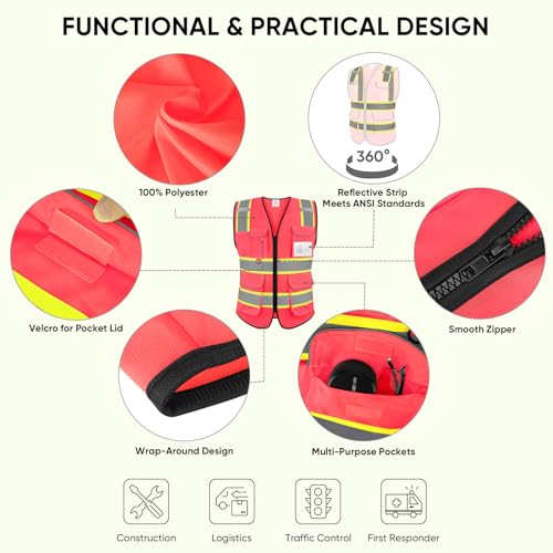 TICONN Reflective Safety Vest High Visibility Class II Polyester Vest for Women Men Meets ANSI Standards Pink S - Image 3