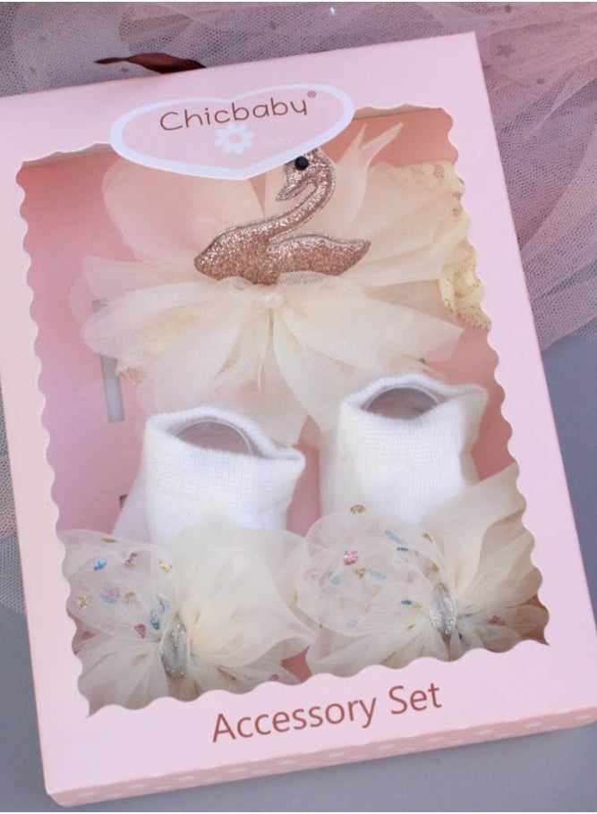 INSENSE Baby Swan Crown Headband and Socks Set, Cute Infant Hair Accessories Gift Box, Newborn Baby Gift Set - Image 2