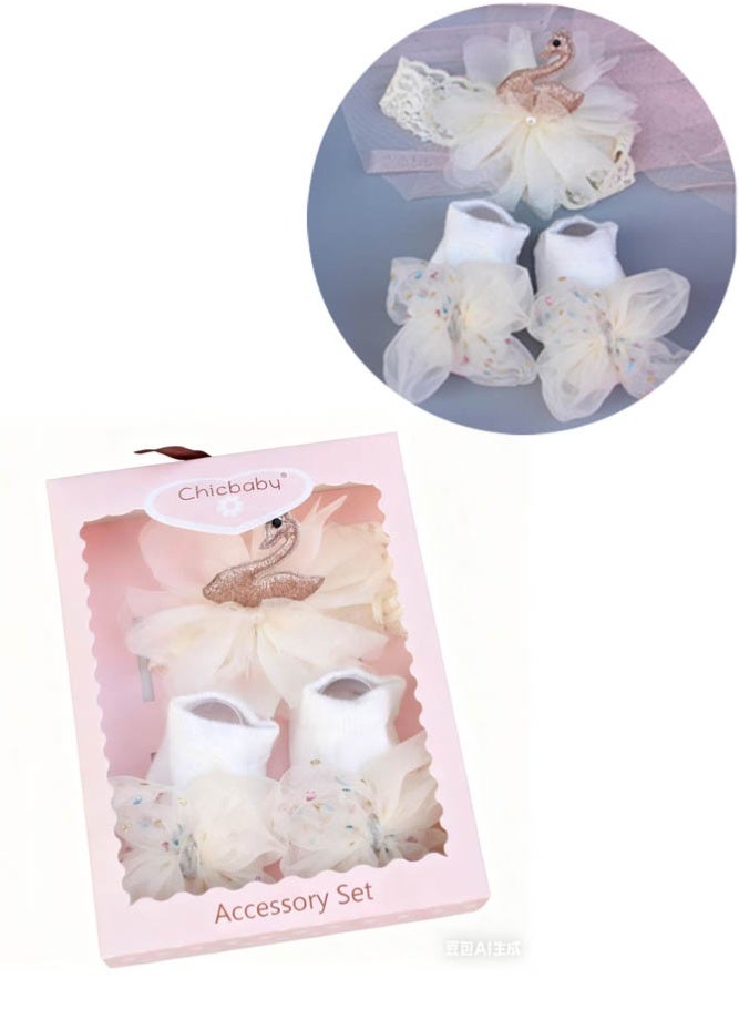 INSENSE Baby Swan Crown Headband and Socks Set, Cute Infant Hair Accessories Gift Box, Newborn Baby Gift Set - Image 1