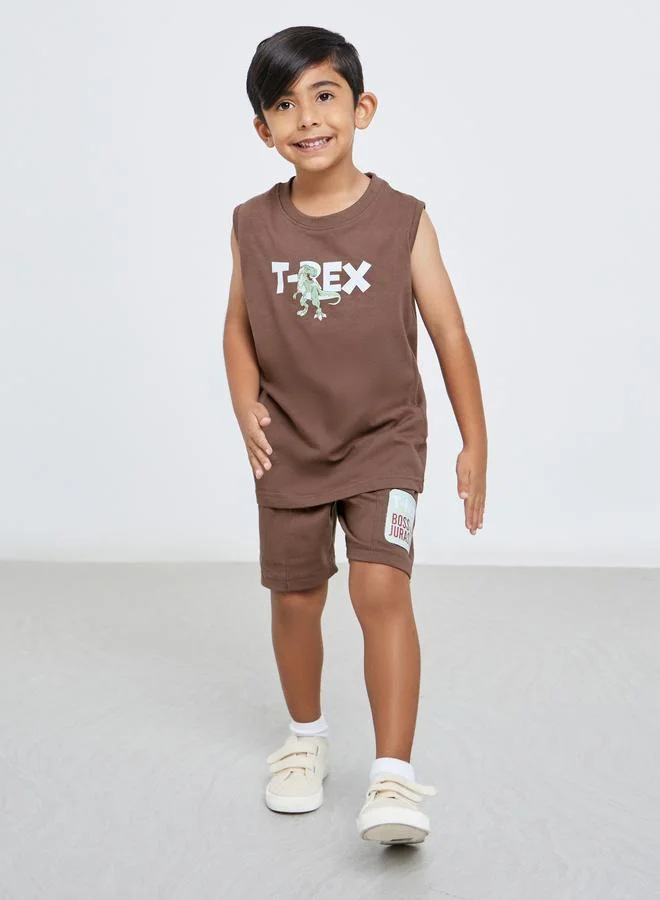 Styli Styli Boys Brown Dinosaur Print Tank and Shorts Set