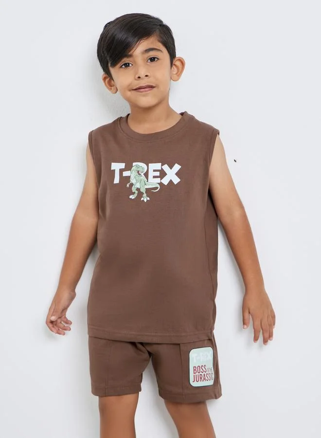 Styli Styli Boys Brown Dinosaur Print Tank and Shorts Set