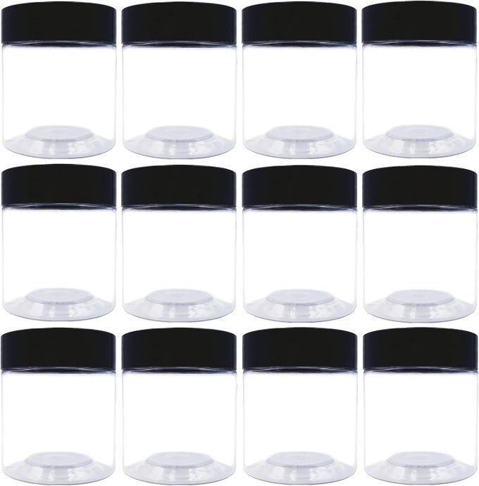 12 PACK 4 OZ PLASTIC JARS,WIDE-MOUTH CLEAR STORAGE CONTAINERS WITH BLACK LIDS, EMPTY ROUND CLEAR PLASTIC JARS WITH LIDS AND LABELS FOR BODY BUTTER, BATH SALT, SLIME AND BEAUTY PRODUCTS