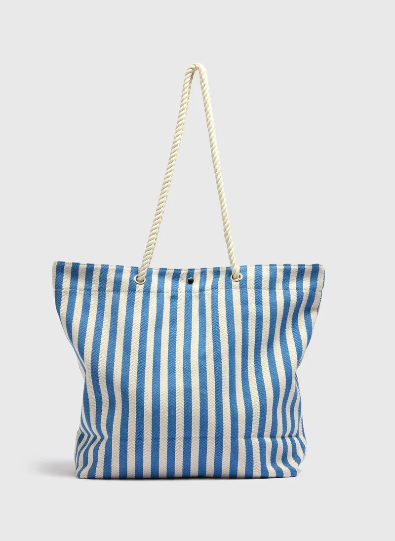 Matalan Blue Stripe Rope Handle Beach Bag