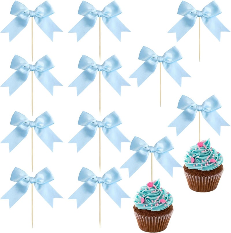Ephlyn 24Pcs Bow Cupcake Toppers Bowknot Cake Toppers Bow Cupcake Picks Bowknot Birthday Party Decorations for Wedding Bridal Engagement Baby Shower Birthday Party Supplies Light Blue - Image 1