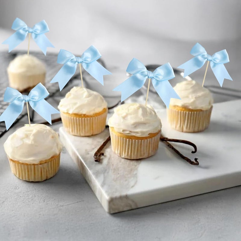 Ephlyn 24Pcs Bow Cupcake Toppers Bowknot Cake Toppers Bow Cupcake Picks Bowknot Birthday Party Decorations for Wedding Bridal Engagement Baby Shower Birthday Party Supplies Light Blue - Image 5