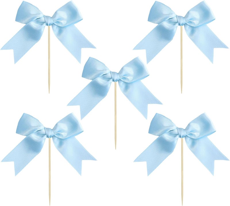 Ephlyn 24Pcs Bow Cupcake Toppers Bowknot Cake Toppers Bow Cupcake Picks Bowknot Birthday Party Decorations for Wedding Bridal Engagement Baby Shower Birthday Party Supplies Light Blue - Image 3