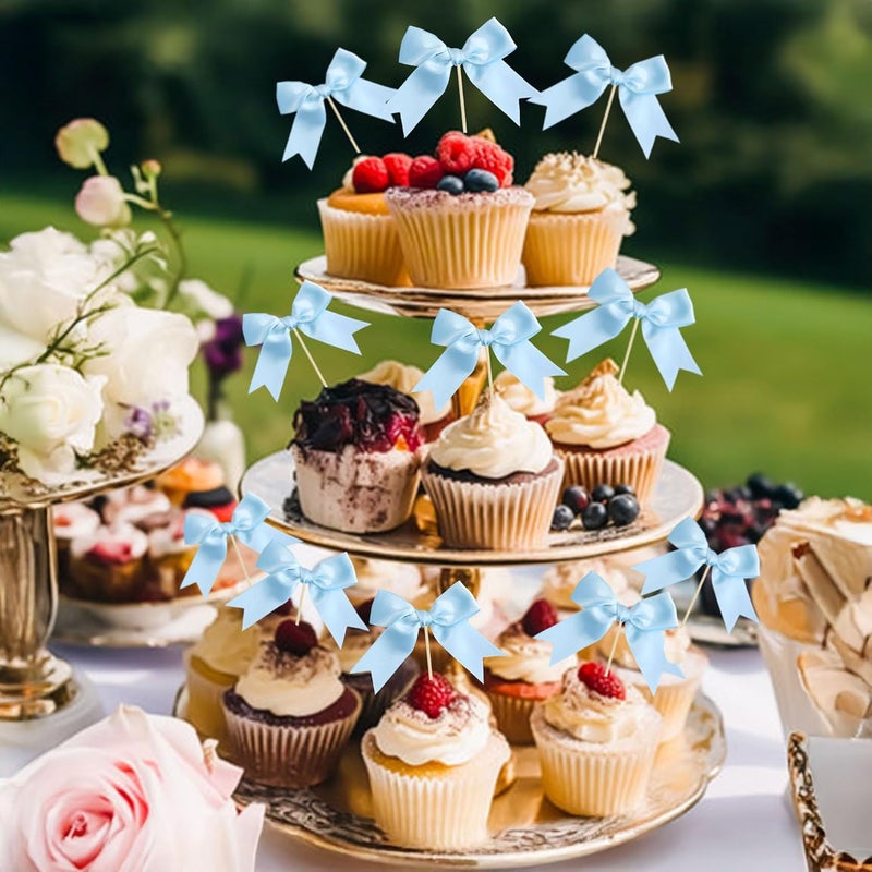 Ephlyn 24Pcs Bow Cupcake Toppers Bowknot Cake Toppers Bow Cupcake Picks Bowknot Birthday Party Decorations for Wedding Bridal Engagement Baby Shower Birthday Party Supplies Light Blue - Image 4
