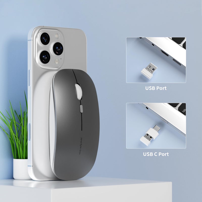 Uciefy Q5 Slim Rechargeable Wireless Mouse, 2.4G Portable Optical Silent Ultra Thin Wireless Computer Mouse with USB Receiver and Type C Adapter, Compatible with PC, Laptop, Notebook, Desktop (Grey) - Image 2