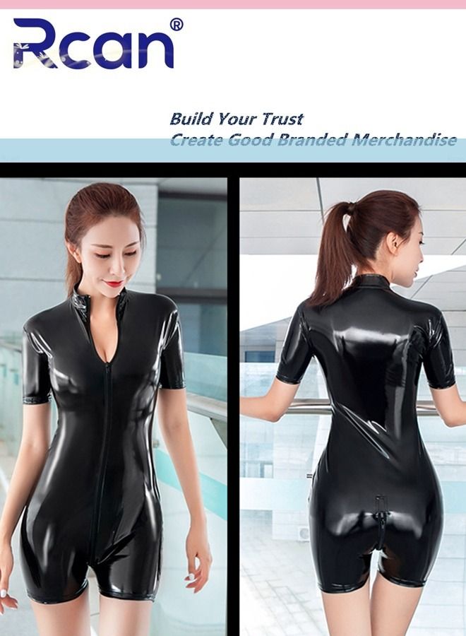 Rcan European Fashion Ladies PU Leather Turtleneck Bodysuit Shorts Shiny Double Zipper Short Sleeve High Elasticity for Dance Wear Club Party for Women - Image 3
