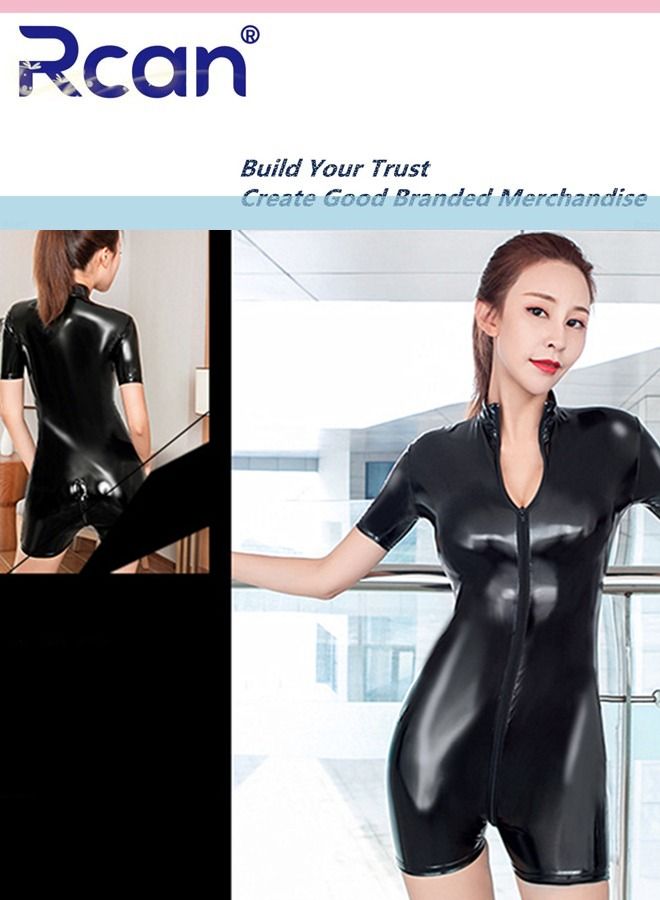 Rcan European Fashion Ladies PU Leather Turtleneck Bodysuit Shorts Shiny Double Zipper Short Sleeve High Elasticity for Dance Wear Club Party for Women - Image 5